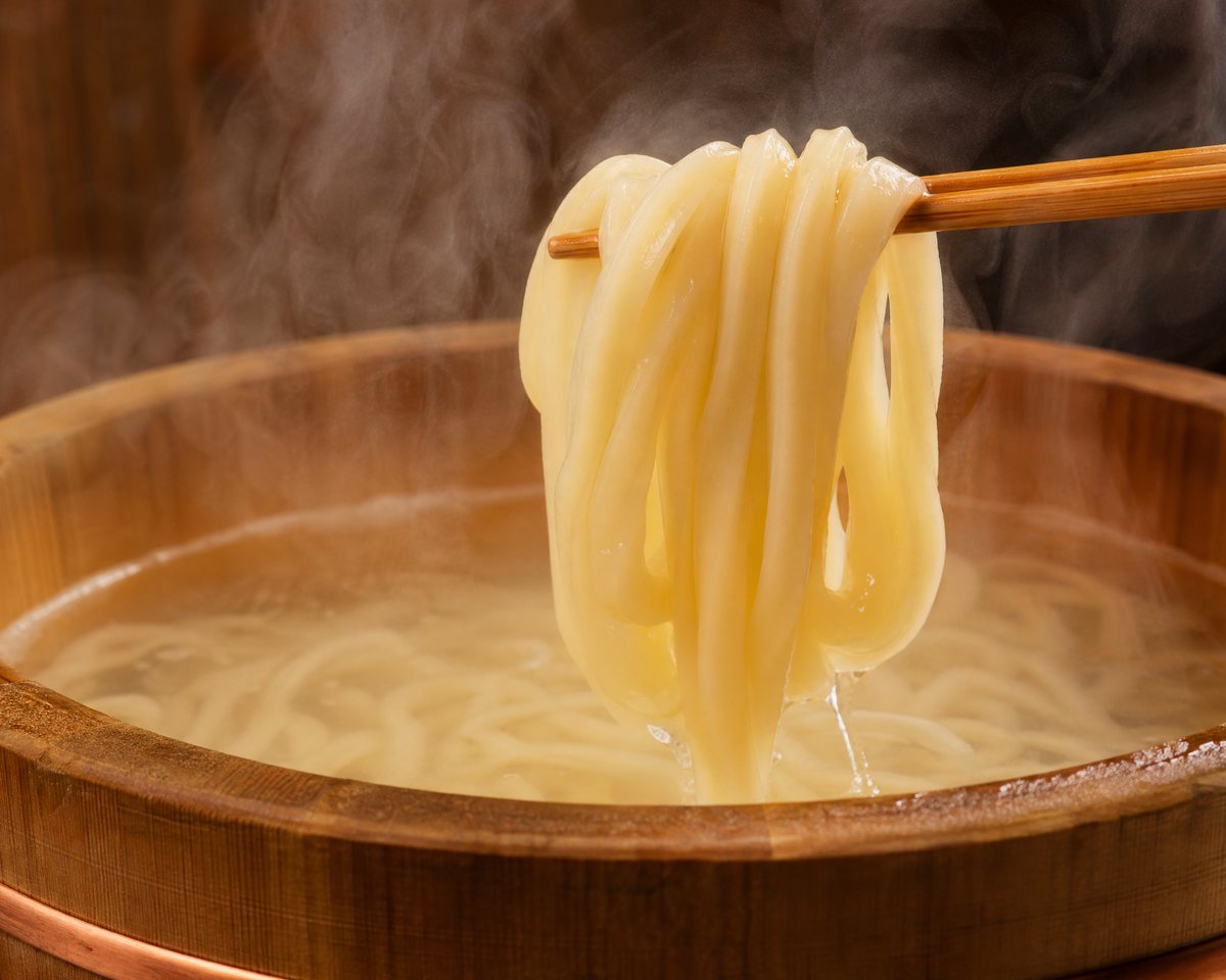 湯気の立つ釜揚げうどん